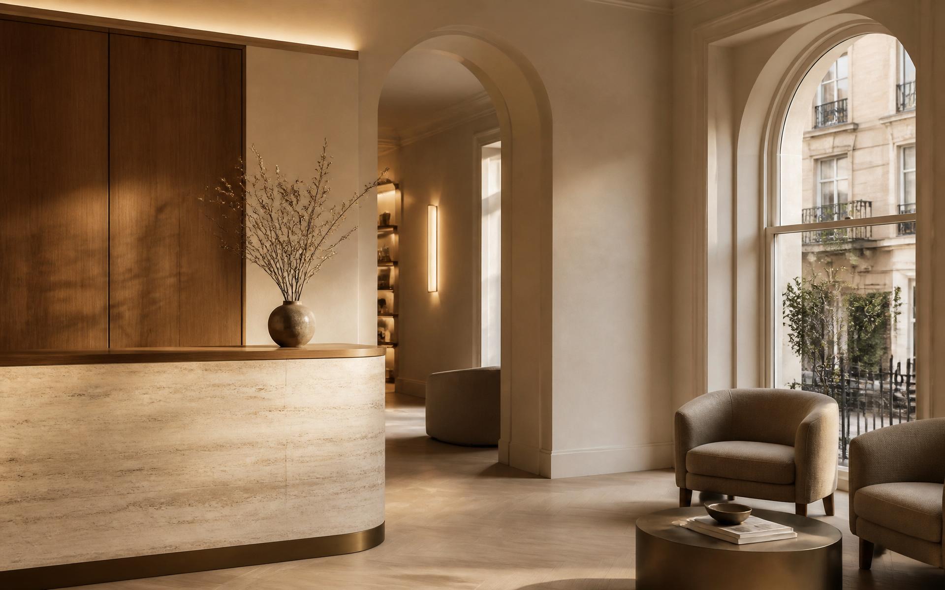 Aether Dental studio concept — premium private dental clinic reception in warm ivory stone