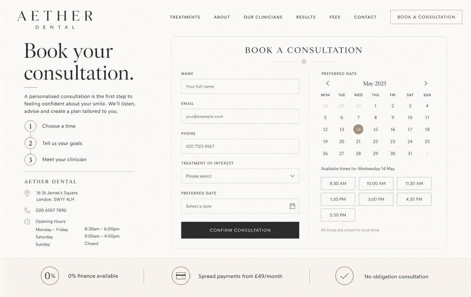 Aether Dental concept — Consultation & Booking screen
