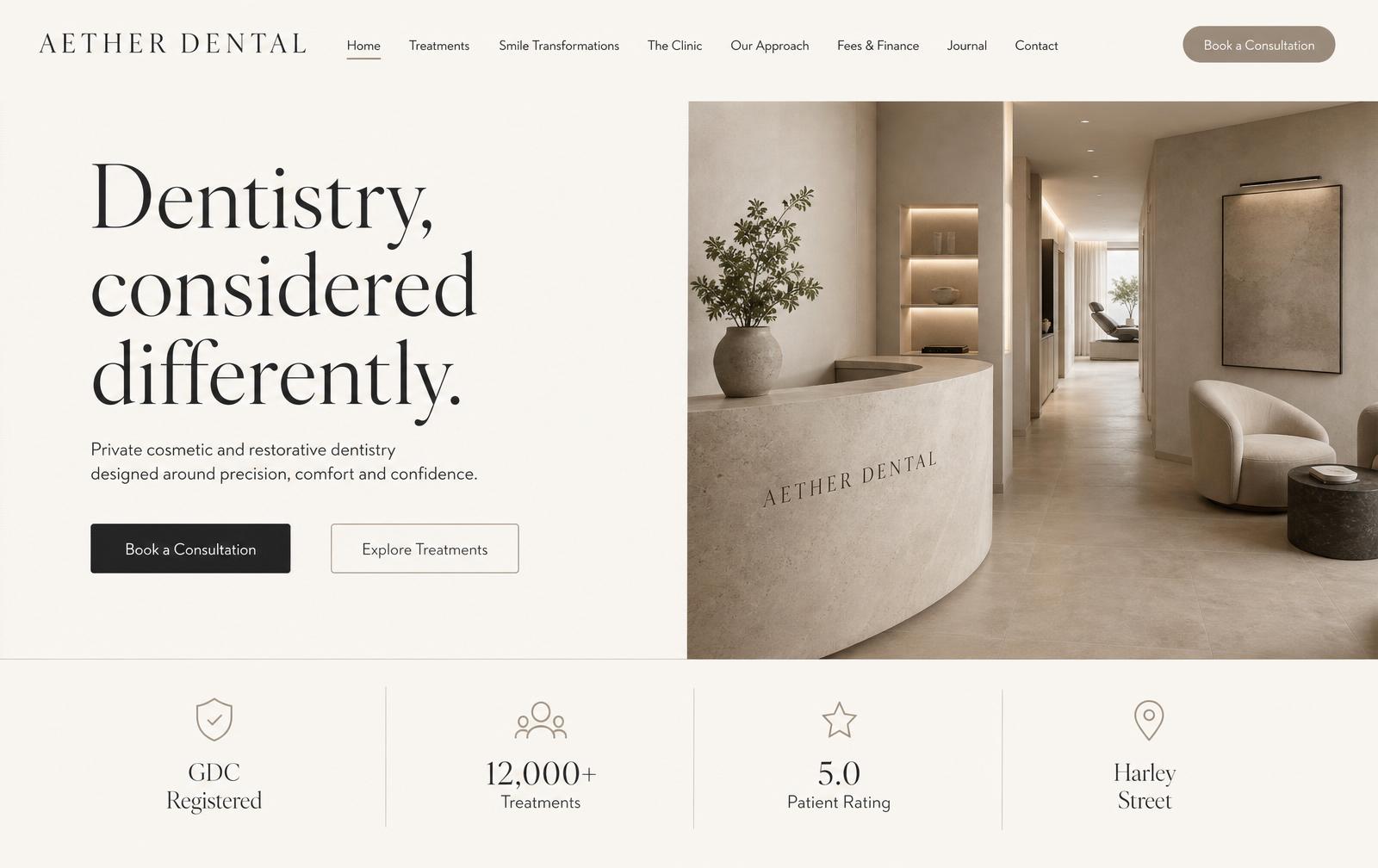 Aether Dental concept — Homepage screen