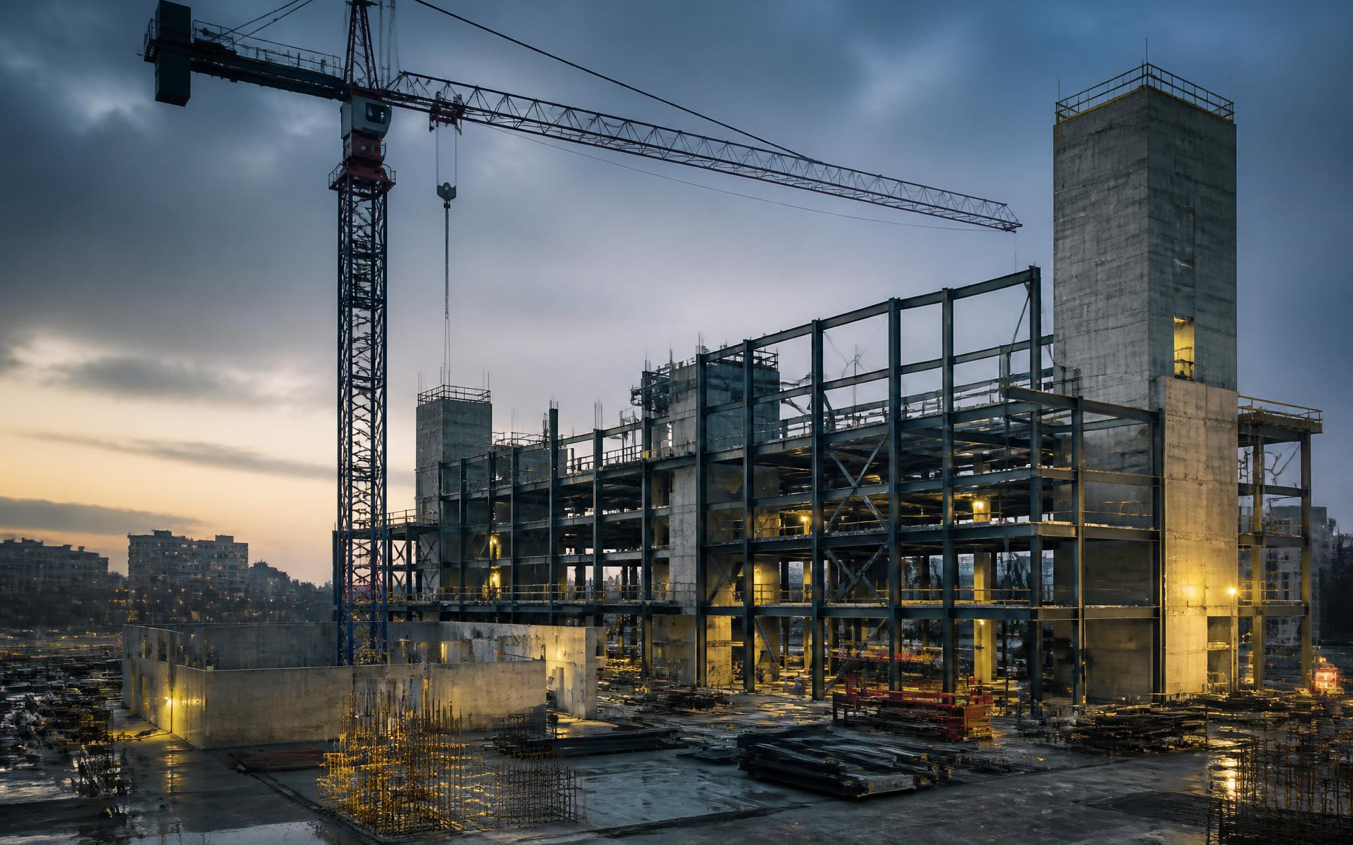 Blackline Construction studio concept — commercial construction site at dusk