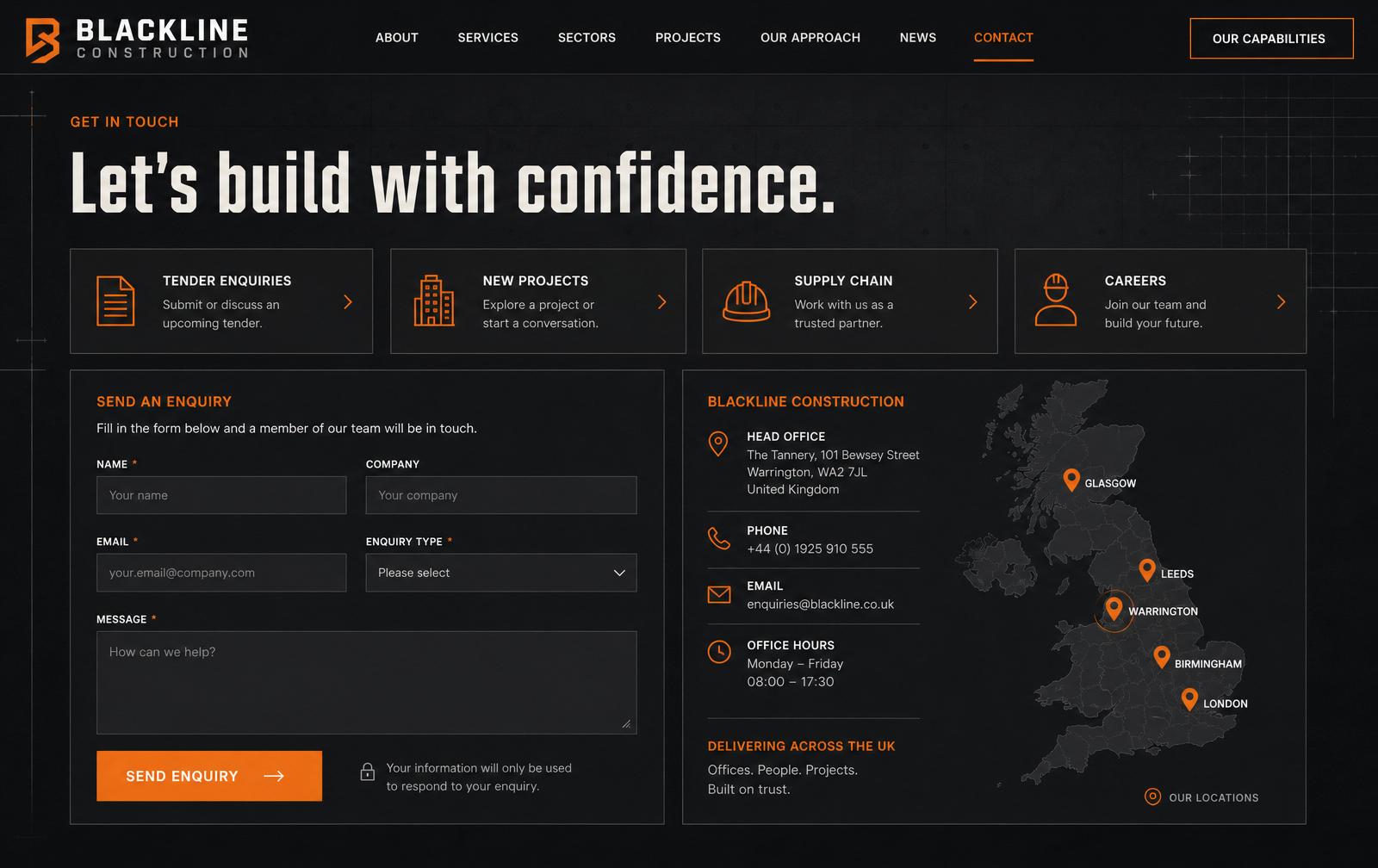 Blackline Construction concept — Contact / Enquiry screen