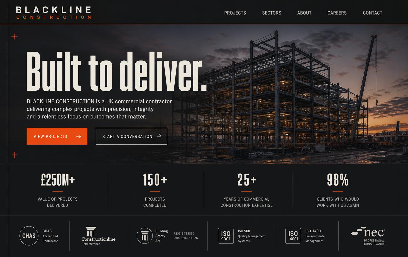 Blackline Construction concept — Homepage screen
